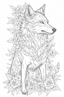 Wolf surrounded by flowers native to Belgium and 7 fairies.  tattoo design idea