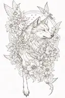 Wolf surrounded by flowers and 7 fairies flying tattoo design idea
