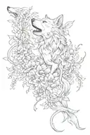 Wolf surrounded by flowers and 7 fairies flying tattoo design idea