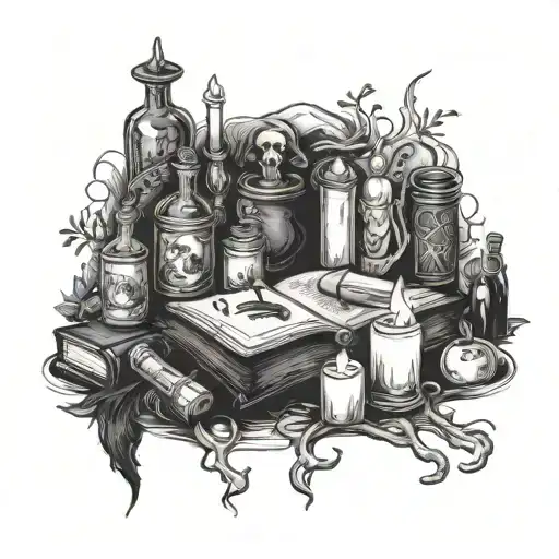 witches alter with lit candles, bottles of potions, book of shadows and witches knot tattoo design idea