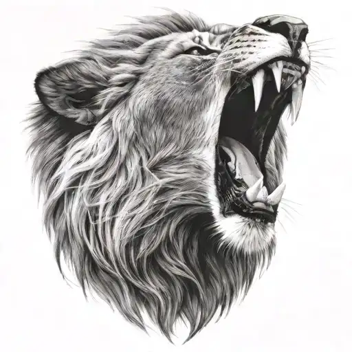 A lion roaring with black-grey shading to create a realistic 3D effect tattoo design idea