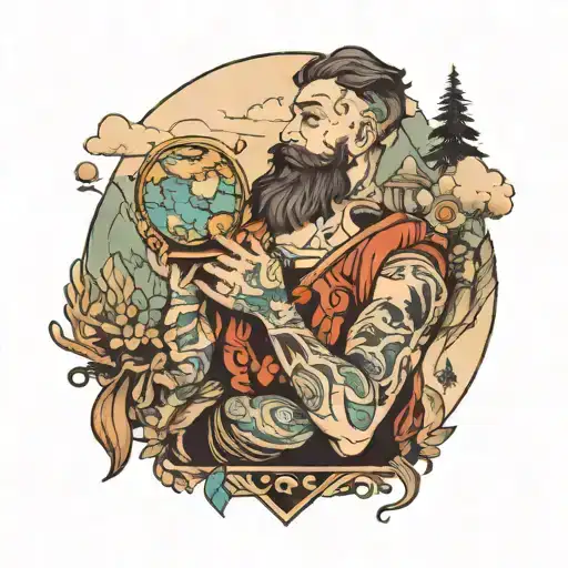 a man holding a globe on his shoulders. On the globe are mountains, forests, rivers, waterfalls, bears, birds. tattoo design idea