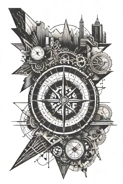 keyboard compass surrounded by various landmarks tattoo design idea