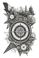 keyboard compass surrounded by various landmarks tattoo design idea