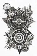 keyboard compass surrounded by various landmarks tattoo design idea