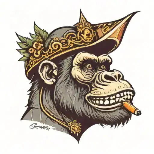 gorilla head wearing tilted 45 degree crown smoking cigar tattoo design idea