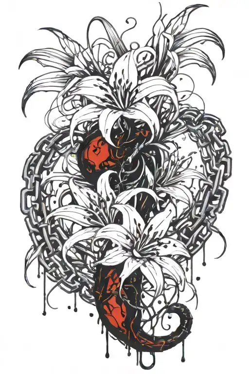 few spider lily flower, with a human heart wrapped in chain and a centipede in the chain tattoo design idea