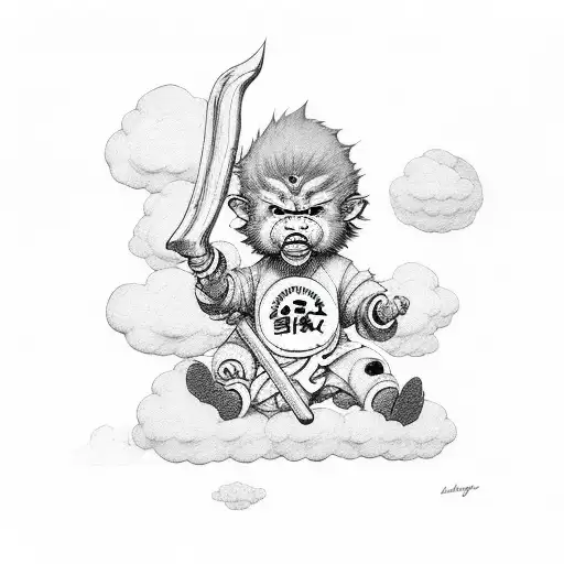 baby milo from bathing ape brand sleeping on cloud dressed as sun wukong tattoo design idea