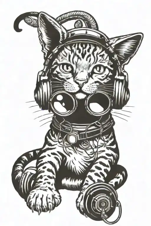 japan style tattoo of a cat wearing headphones tattoo design idea