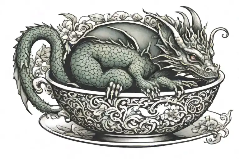 cute dragon sleeping in tea cup tattoo design idea