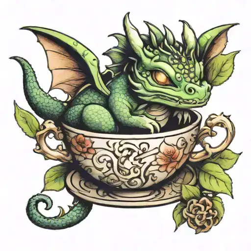 cute dragon sleeping in teacup tattoo design idea