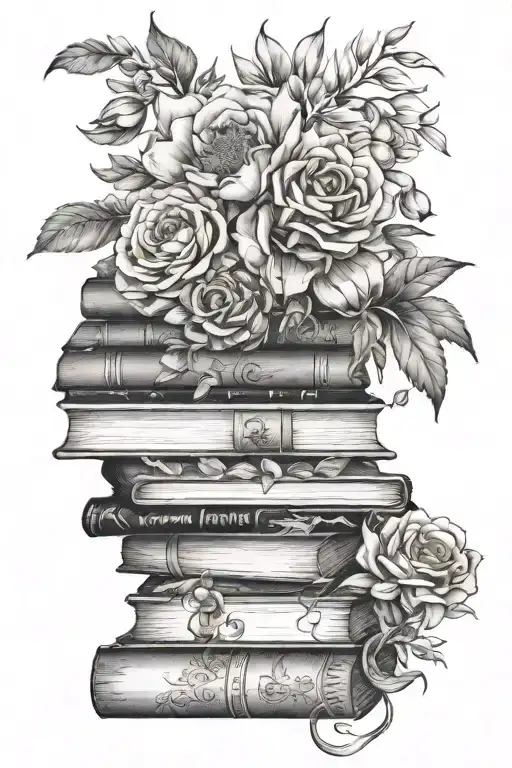 books staked  works on spines with azeala blooms at top and bottom tattoo design idea