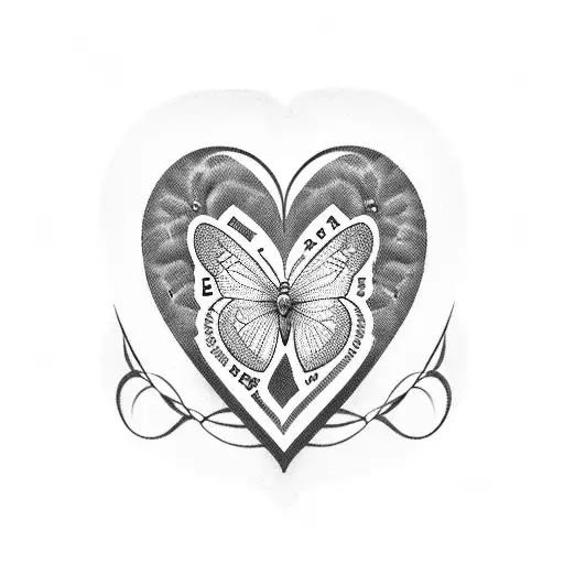 Incorporate a name tag into a heart shape design surrounded by delicate butterfly silhouettes tattoo design idea
