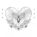 Incorporate a name tag into a heart shape design surrounded by delicate butterfly silhouettes tattoo design idea