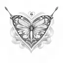 Incorporate a name tag into a heart shape design surrounded by delicate butterfly silhouettes tattoo design idea