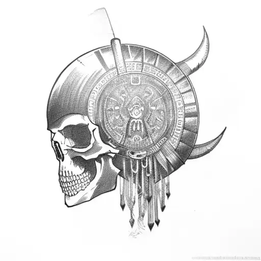 detailed skull with Inca helmet  tattoo design idea
