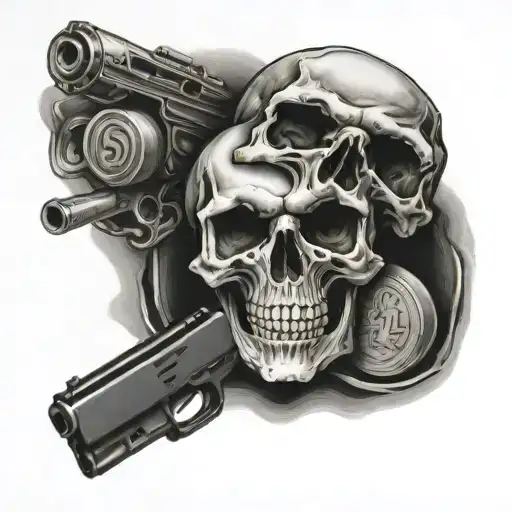 skull, money, guns tattoo design idea