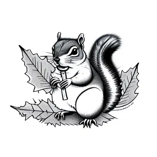 chubby squirrel with tail looks like oak leaf, sitting on the oak leaves, starring into darkness tattoo design idea