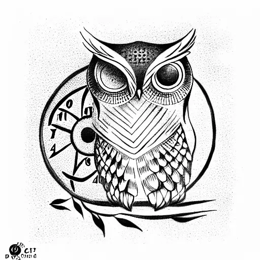 owl with clock in eyes tattoo design idea