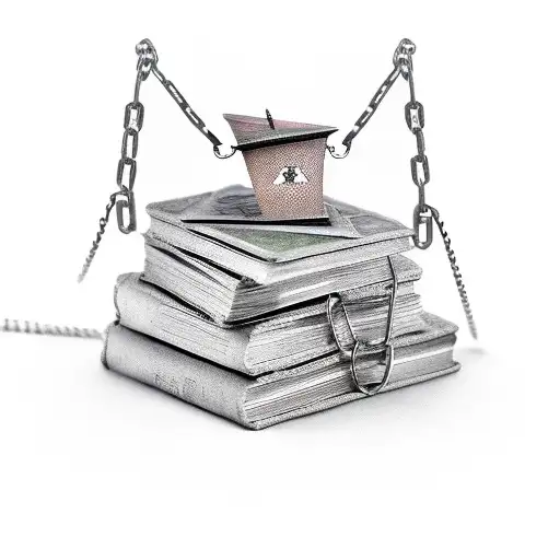 Books stacked on each other wrapped in chains.  In the middle are prison bars with a distinguish gentleman sitting on a  tattoo design idea