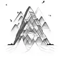 A mountain range made of stacked books, with musical instruments scattered around tattoo design idea