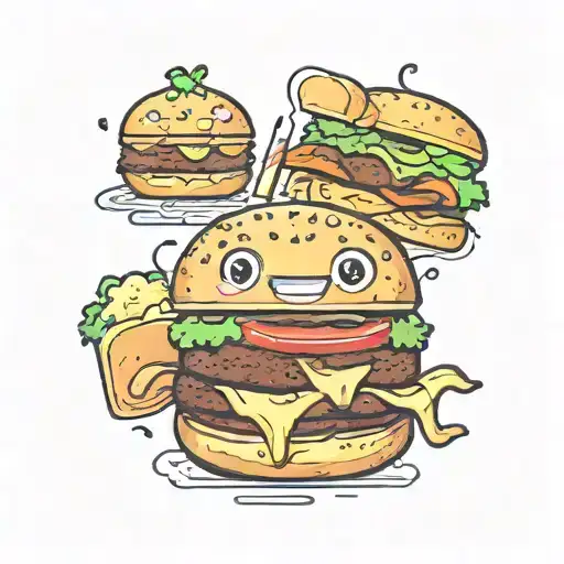 hamburger with a very happy face, kawaii, with his potato friends laughing and having a good time tattoo design idea
