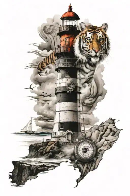 calm tiger, lighthouse standing tall amidst crashing waves, compass laying on an old map of spain tattoo design idea