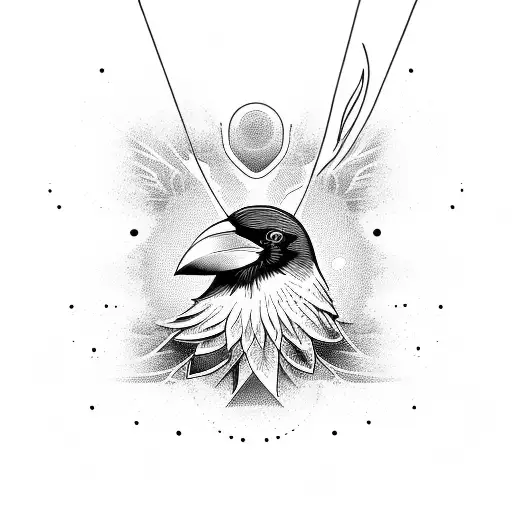 Minimalist crow made by fine and wavy lines with an eye pendant tattoo design idea