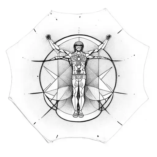 geometric front bodysuit with a Vitruvian Man on the center of it, surronded by mystic geometics tattoo design idea