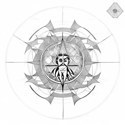 geometric front bodysuit with a Vitruvian Man on the center of it, surronded by mystic geometics, and one half in full c tattoo design idea