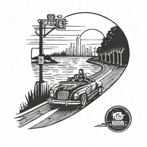 cabrio drives on a highway into the sunset with two people in it and a streethighway sign tattoo design idea