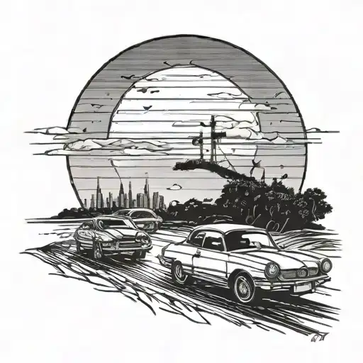 cabrio drives on a highway into the sunset with two people in it tattoo design idea