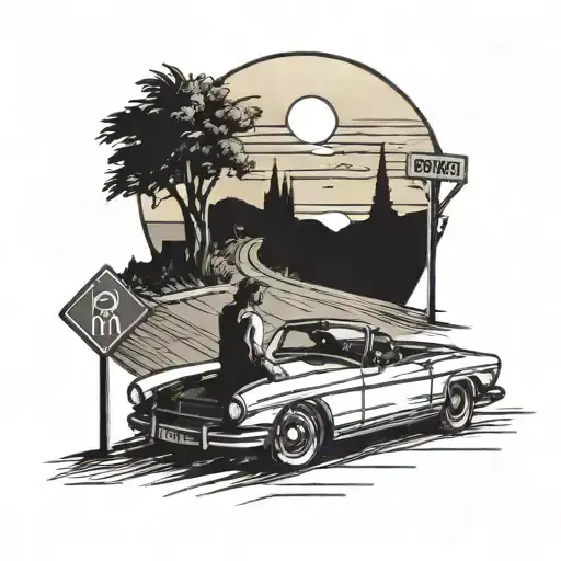 cabrio drives on a highway into the sunset with two people in it and a street sign reading grapefalls tattoo design idea