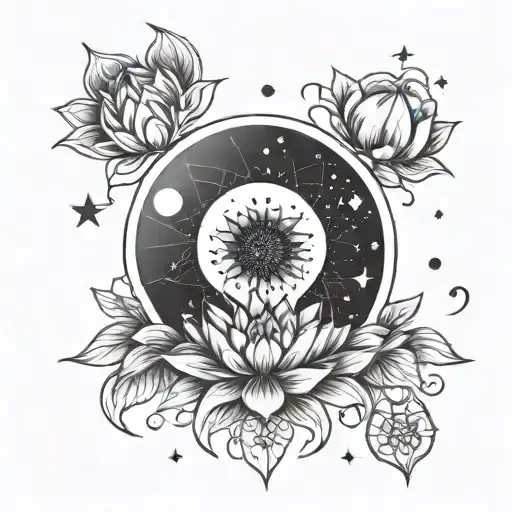 A moon phase themed tattoo with moon lotus  and star accents tattoo design idea