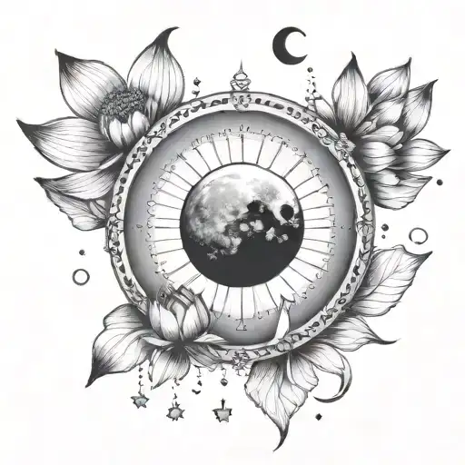 A linear moon phases tattoo with small lotus and star accents tattoo design idea