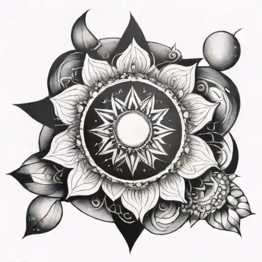 A geometric  moon phase tattoo lotus  and star accents tattoo design idea