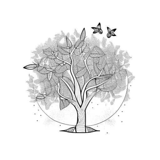olive tree with flowers and birds tattoo design idea