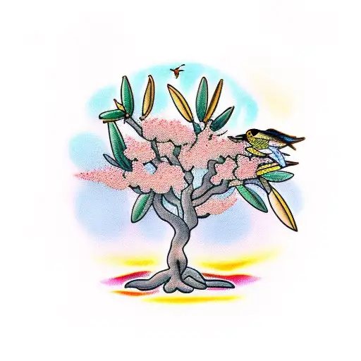 olive tree with flowers and birds tattoo design idea