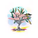 olive tree with flowers and birds tattoo design idea