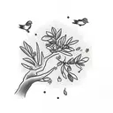 olive tree with flowers and birds tattoo design idea
