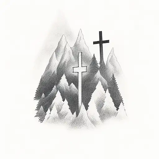 the Three crosses on the mountain with Jesus's fade in shading, include clouds and birds  tattoo design idea