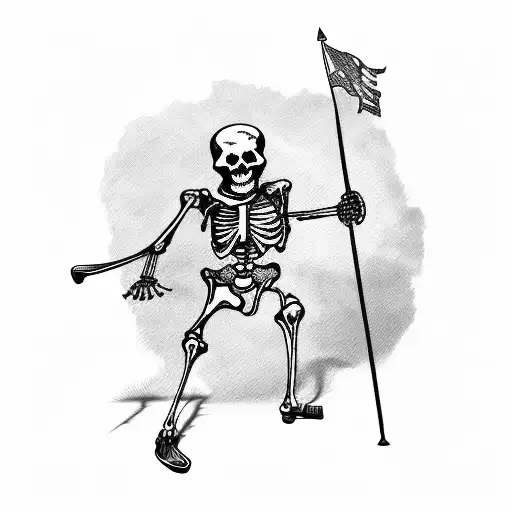 Skeleton soldier carrying flag and rifle running into battle tattoo design idea