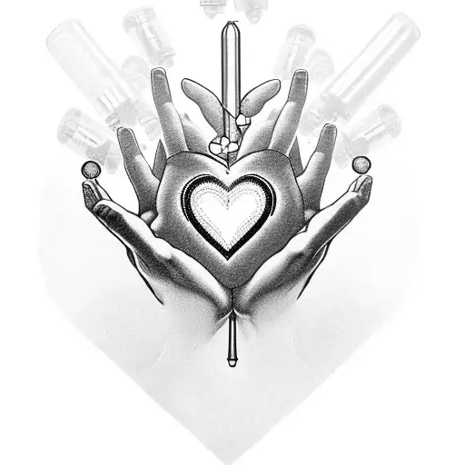 A pair of praying hands holding a sacred heart surrounded by bullets and casings, symbolizing the client's devotion to God and their passion for guns tattoo design idea