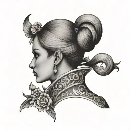 woman back side profile traditional lady head tattoo design idea