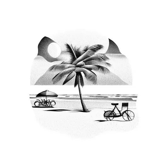 A black-grey tattoo of a beach scene with a bicycle leaning against a palm tree and a cocktail glass on the sand tattoo design idea