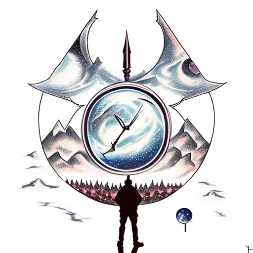 Hourglass on the night sky,  tired Sage walkig in Black forest, archangel with sword saving world tattoo design idea