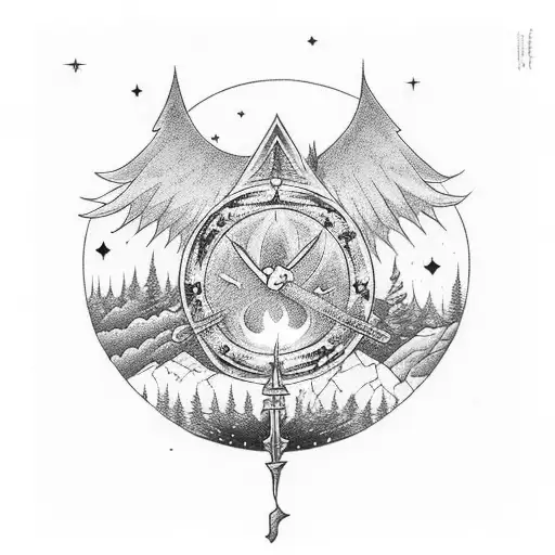 Hourglass on the night sky,  tired Sage walkig in Black forest, archangel with sword saving world tattoo design idea
