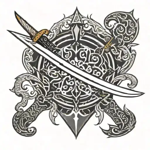 Islamic black Sheld and sword tattoo design idea