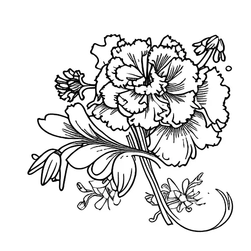 carnation, snowdrop, larkspur, delphinium, narcissus, daisy, rose, chrysanthemum  tattoo design idea