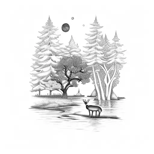 A serene forest scene with a deer drinking from a flowing river tattoo design idea